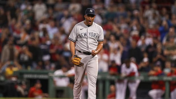 New York Yankees RP Wandy Peralta celebrates win over Boston Red Sox